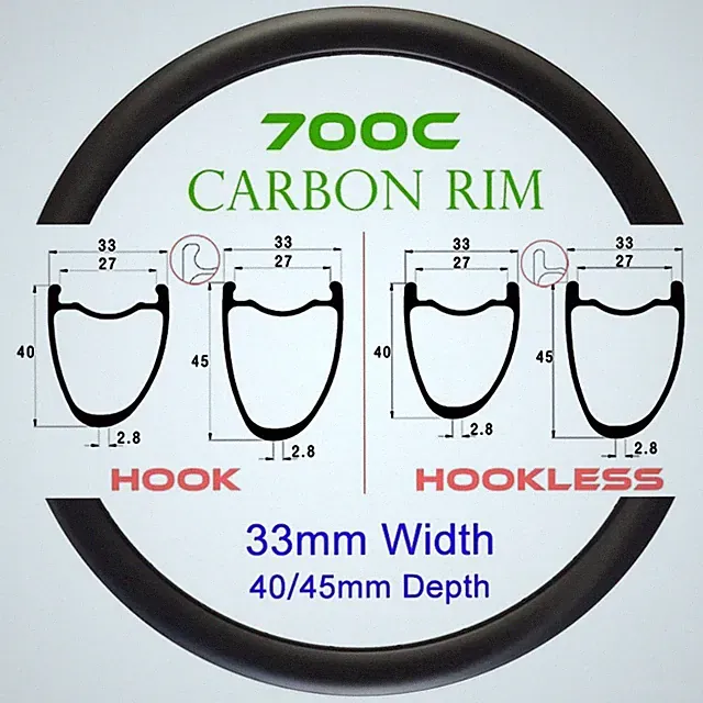 Gravel Bike Carbon Rim 40mm 45mm Deep 33mm Wide Tubeless Hook Hookless